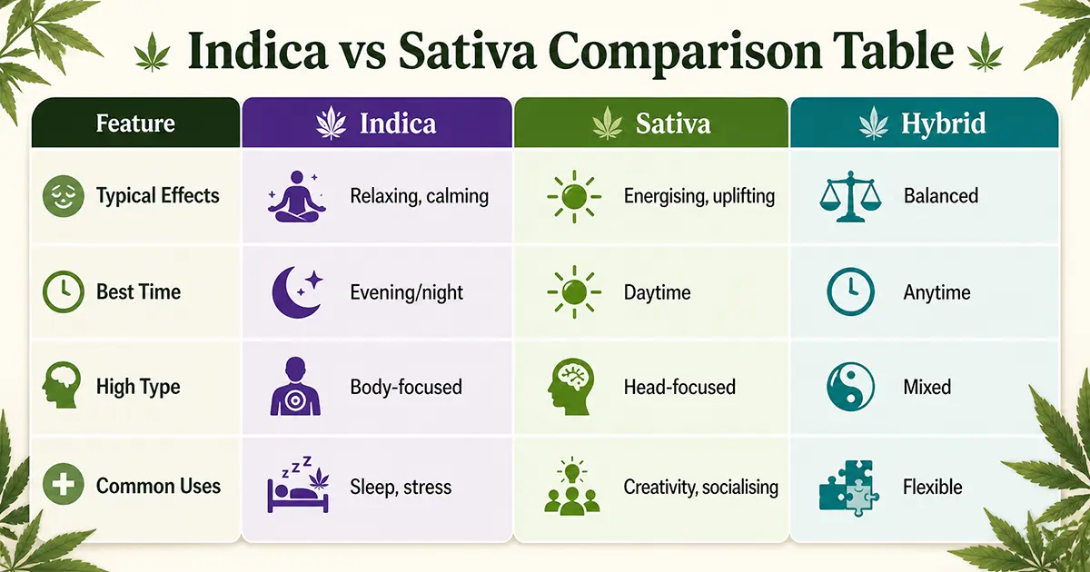 Indica vs Sativa Comparison Table